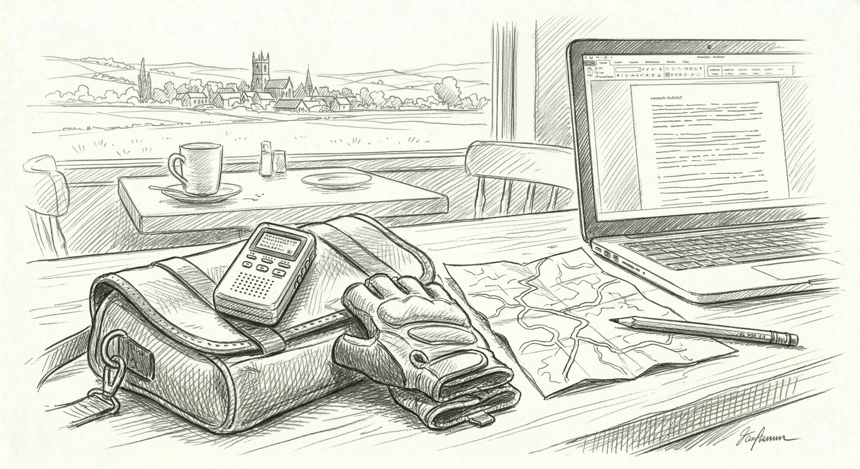 Pencil sketch of a voice recorder and cycling gloves on a cafe table