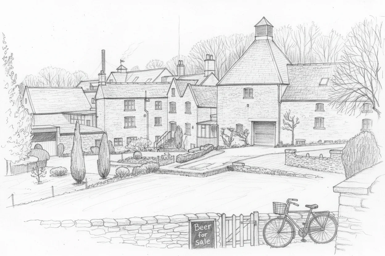 Pencil sketch of Donnington Brewery, a Cotswold-stone mill building with a distinctive pyramidal-roofed tower on the right, a bicycle leaning against the stone wall and a chalkboard reading Beer for sale