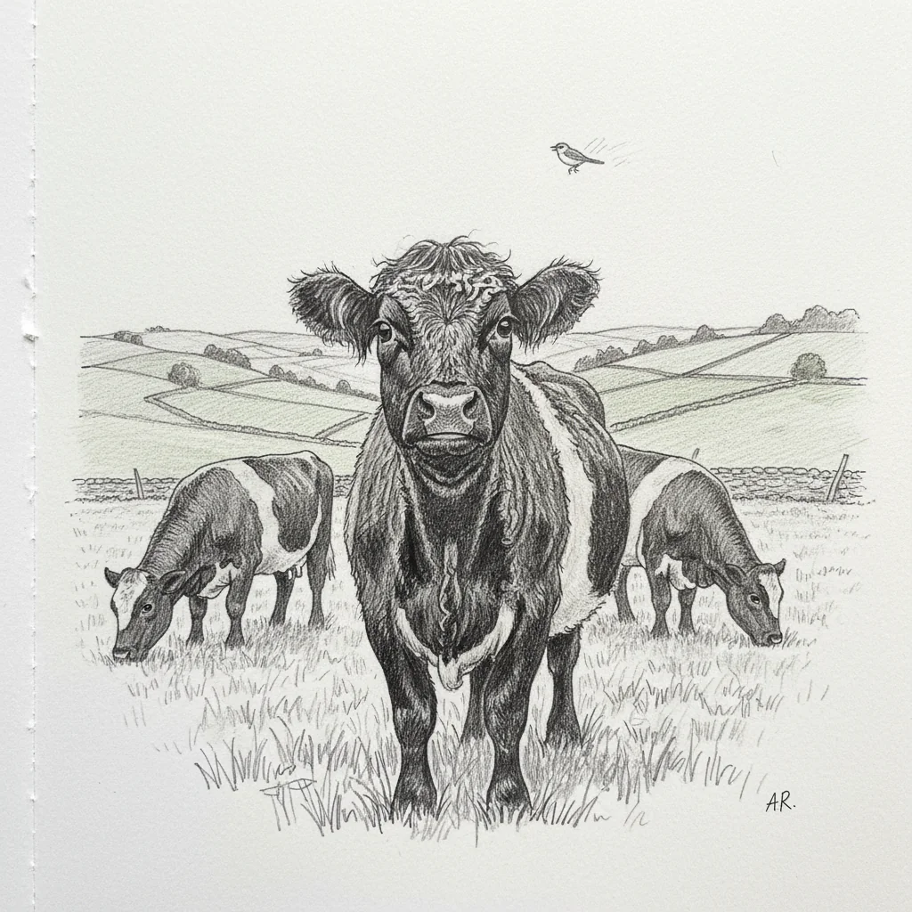Pencil sketch of a small group of Belted Galloway cattle with shaggy double coats and black-head, white-belt, black-rear pattern, grazing in a Cotswold field with rolling hills behind