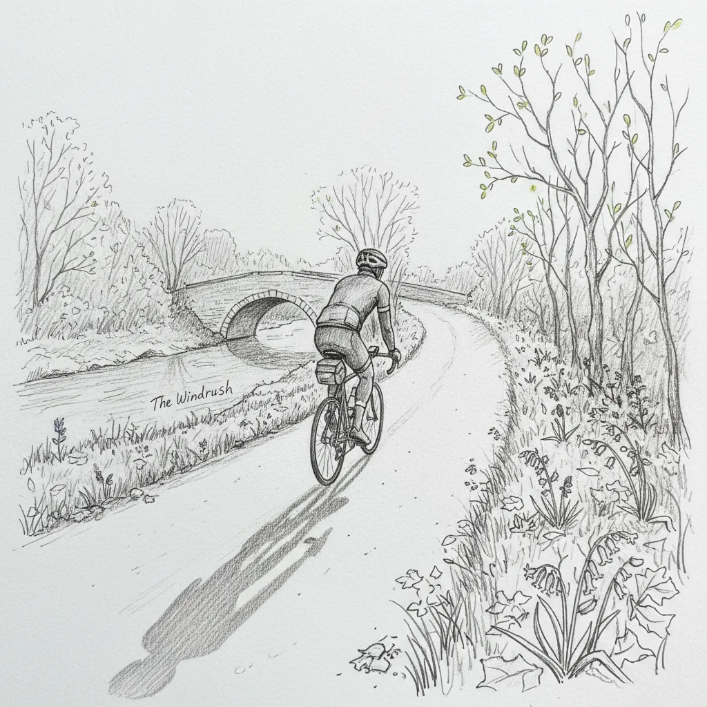 A pencil sketch of a lone cyclist riding away down a narrow Oxfordshire lane at dawn, bluebells in the verges, an old stone bridge over the Windrush behind