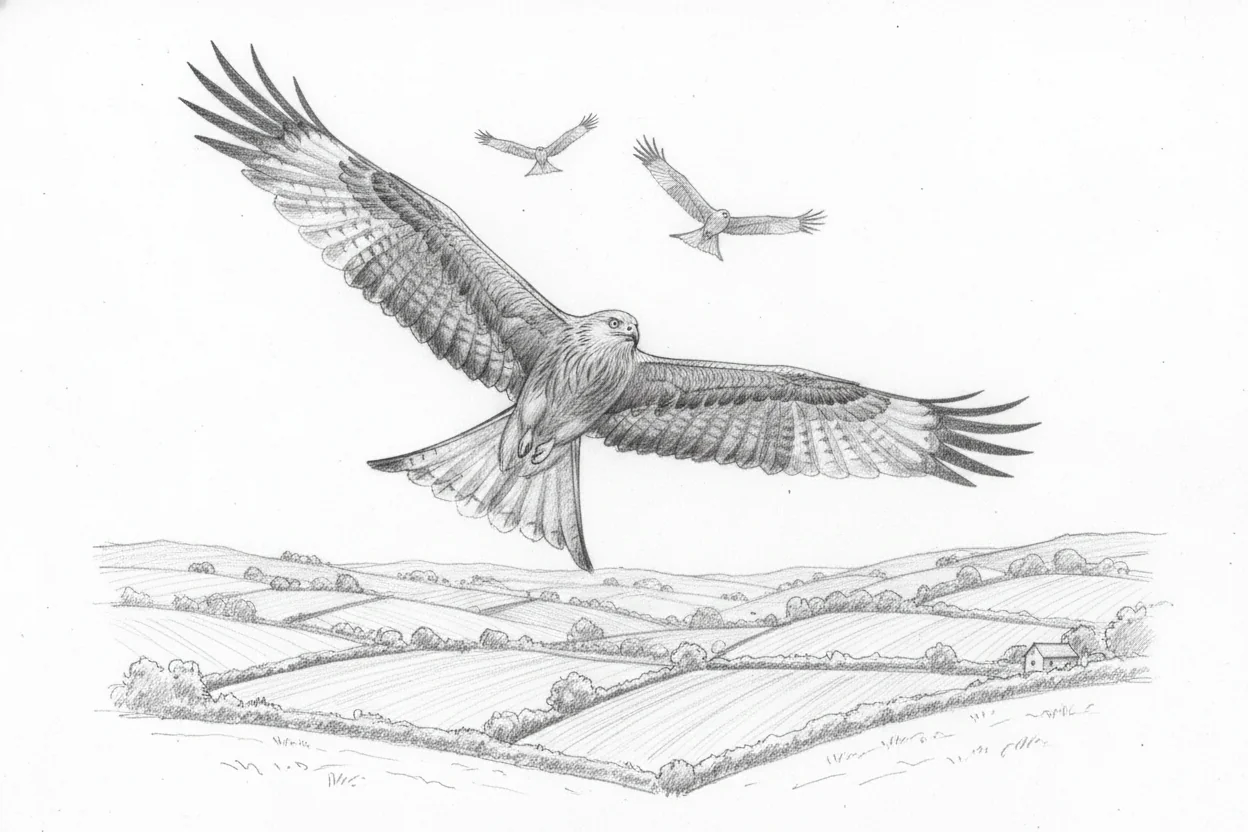 Pencil sketch of three red kites circling in a holding pattern over a Cotswold patchwork of fields, deeply forked tails visible