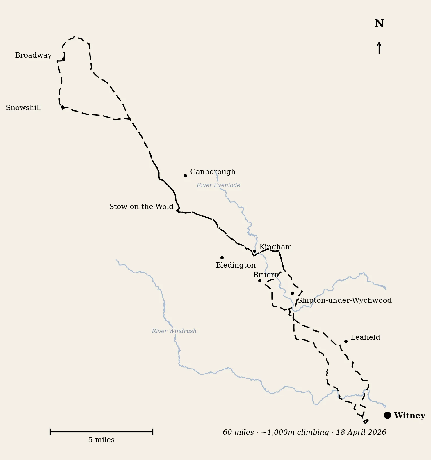 Hand-drawn pencil map of the cycling route from Witney up to Broadway and back