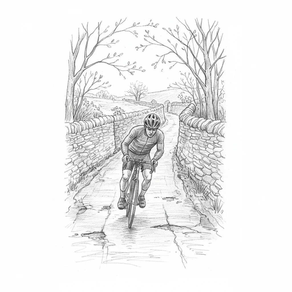Pencil sketch of a cyclist walking beside his road bicycle up a steep narrow Cotswold lane, dry stone walls either side, bare trees breaking into leaf