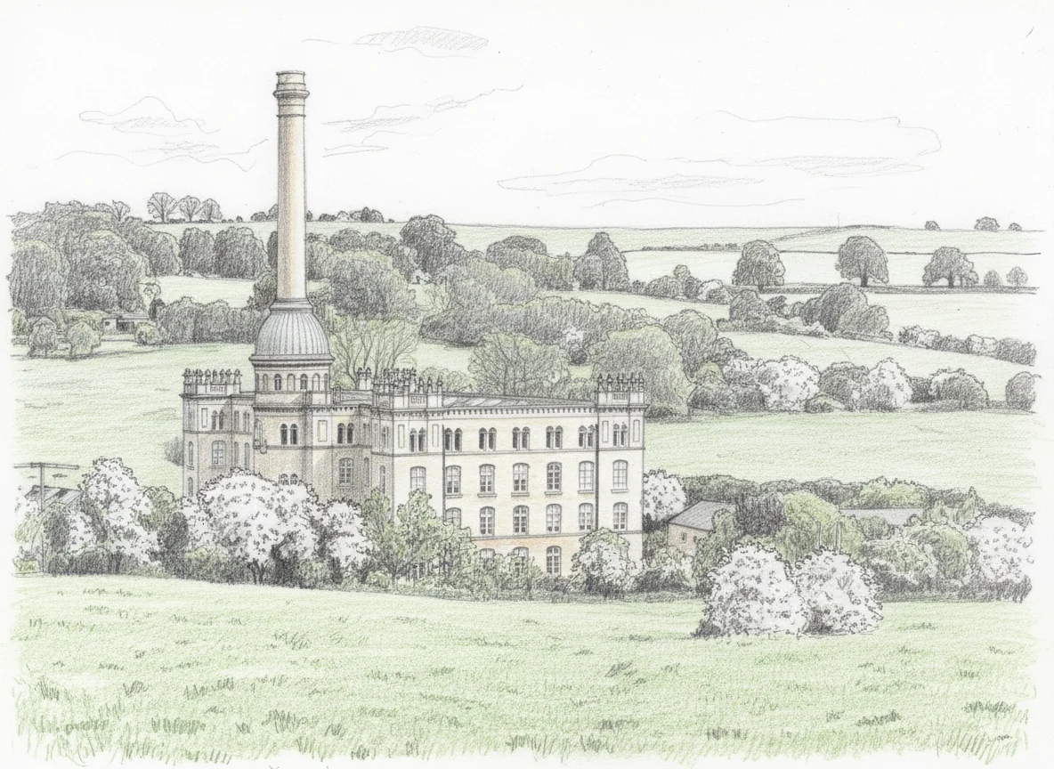 Pencil sketch of Bliss Tweed Mill seen across a valley, its cylindrical chimney rising from a dome, Cotswold stone facade with corner towers