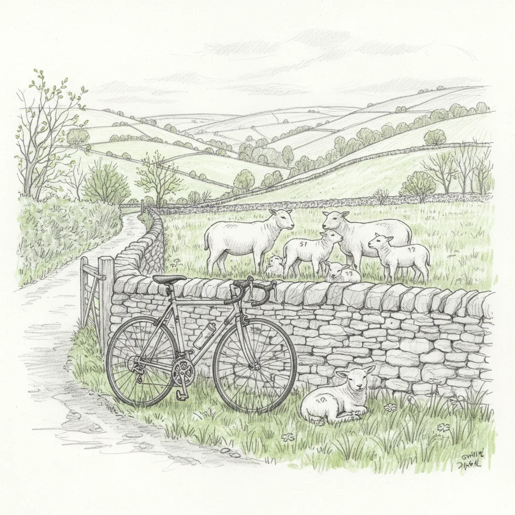 Pencil sketch of spring lambs in a Cotswold field, a road bicycle leaning against a dry stone wall, rolling hills in the background