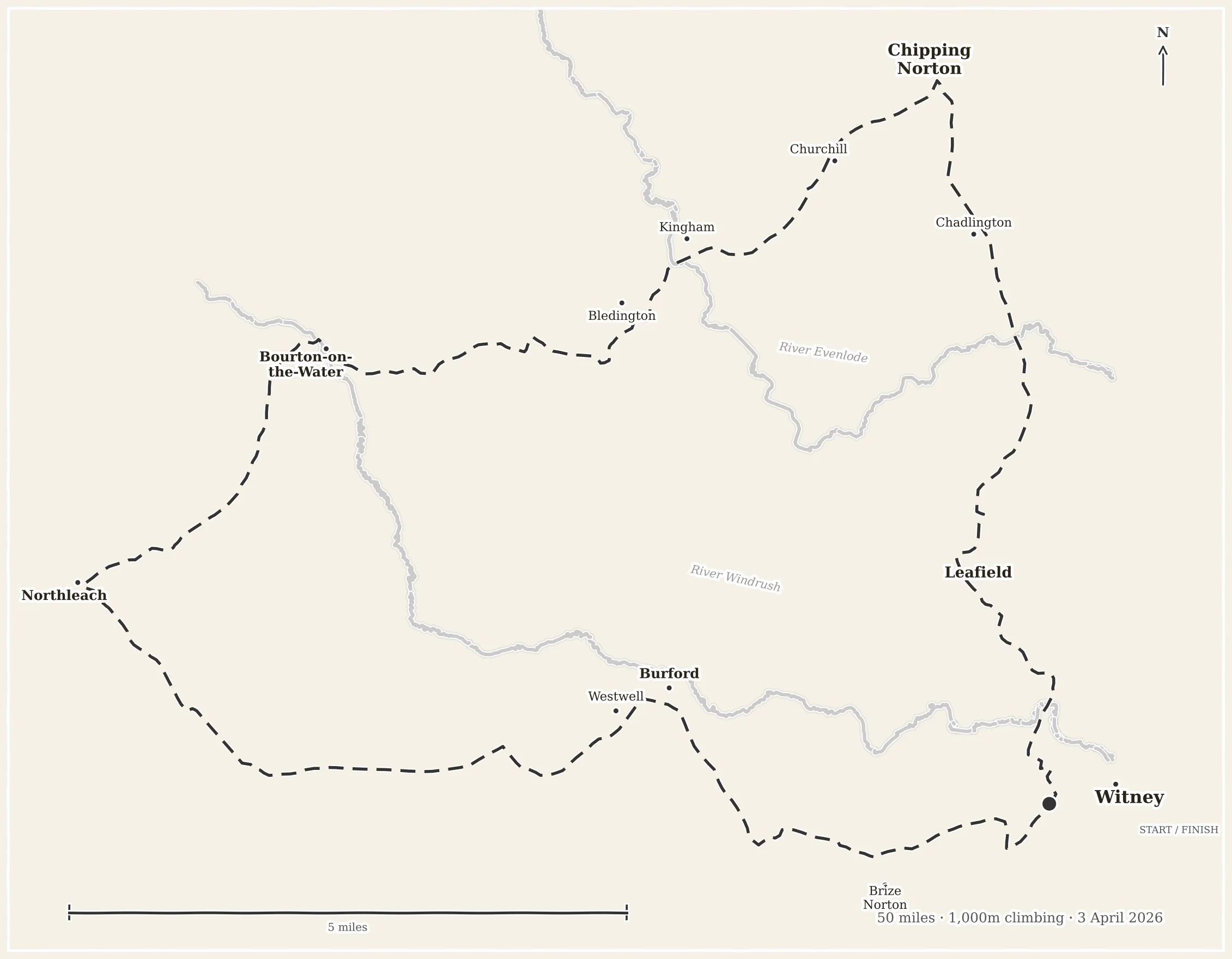 Hand-drawn pencil map of the cycling route through the north Cotswolds