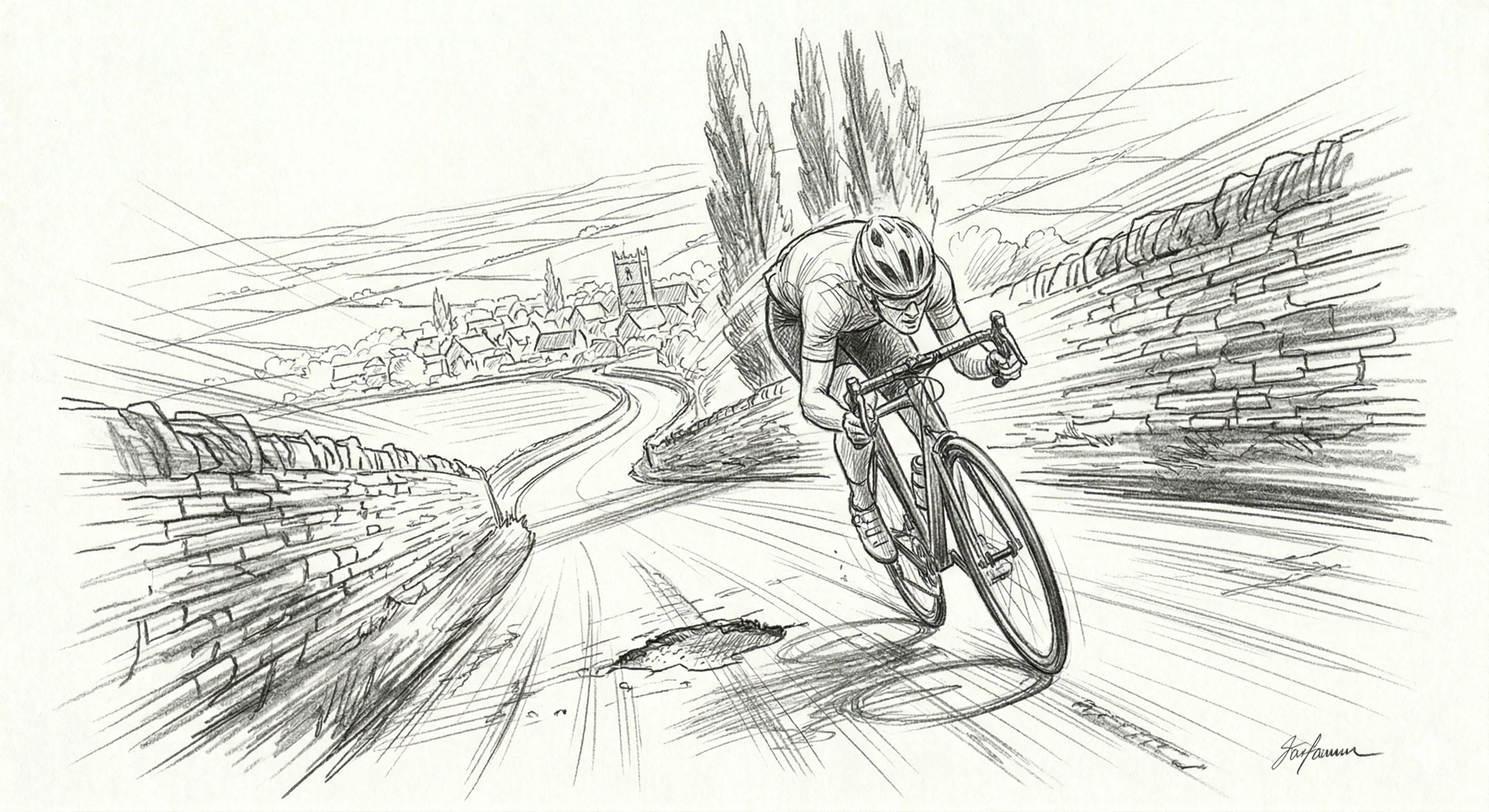 Pencil sketch of a cyclist descending at speed between dry stone walls, motion lines conveying velocity