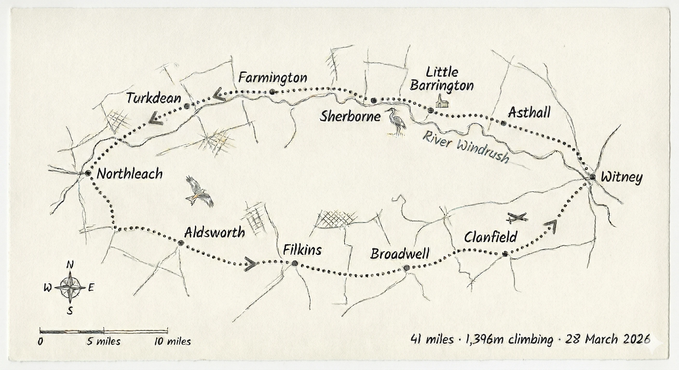 Hand-drawn pencil map of the cycling route through the Cotswolds