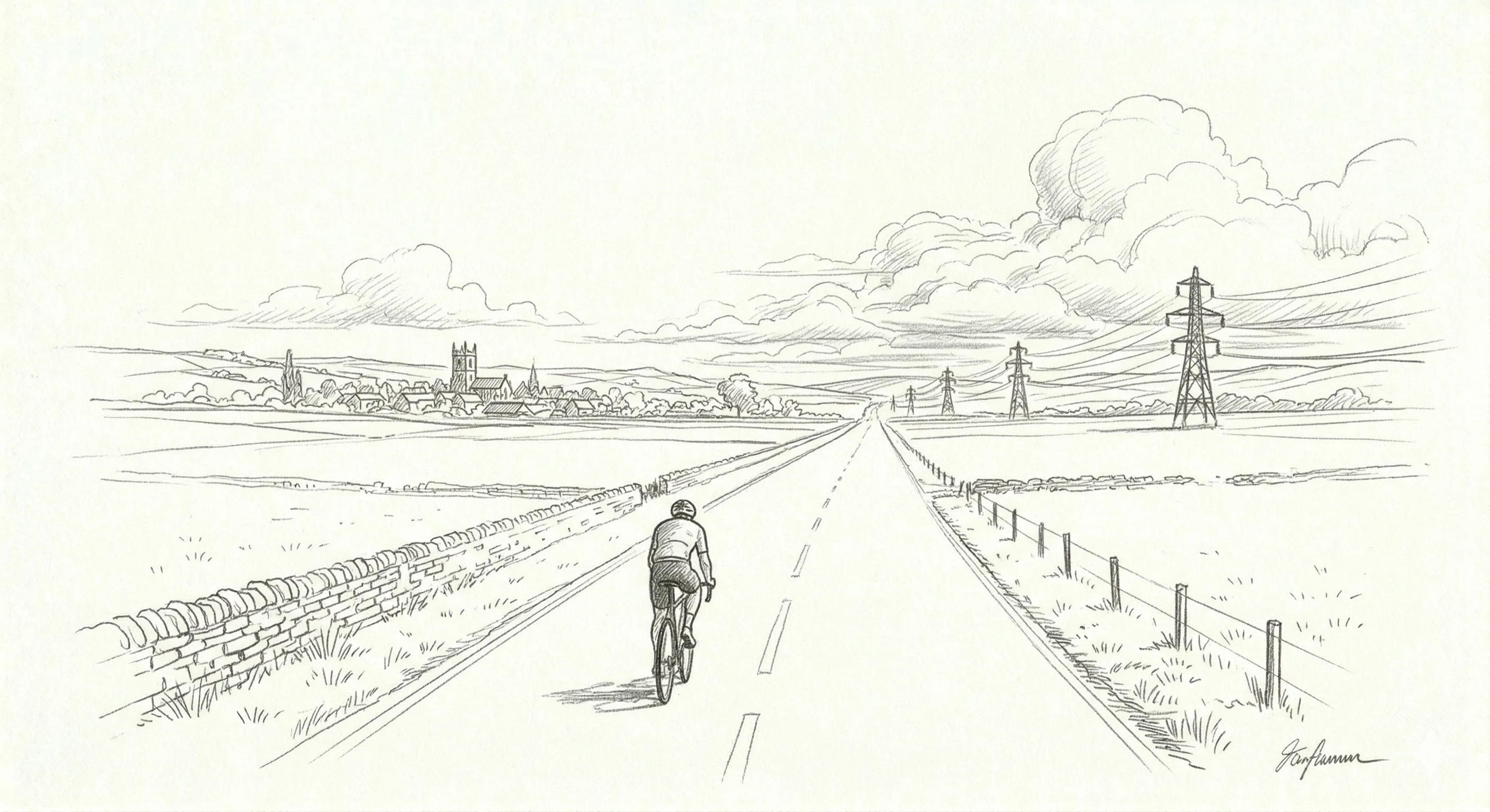 Pencil sketch of a lone cyclist on a straight flat road stretching to the horizon, clouds building, pylons in the distance