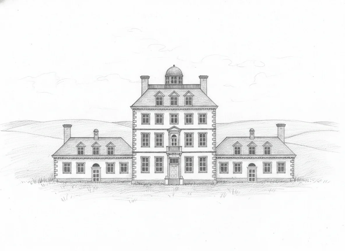 Pencil sketch of Ashdown House, a tall narrow Anglo-Dutch seventeenth-century mansion in pale stone, set in a fold of empty downland with chalk grass rising to the Ridgeway behind