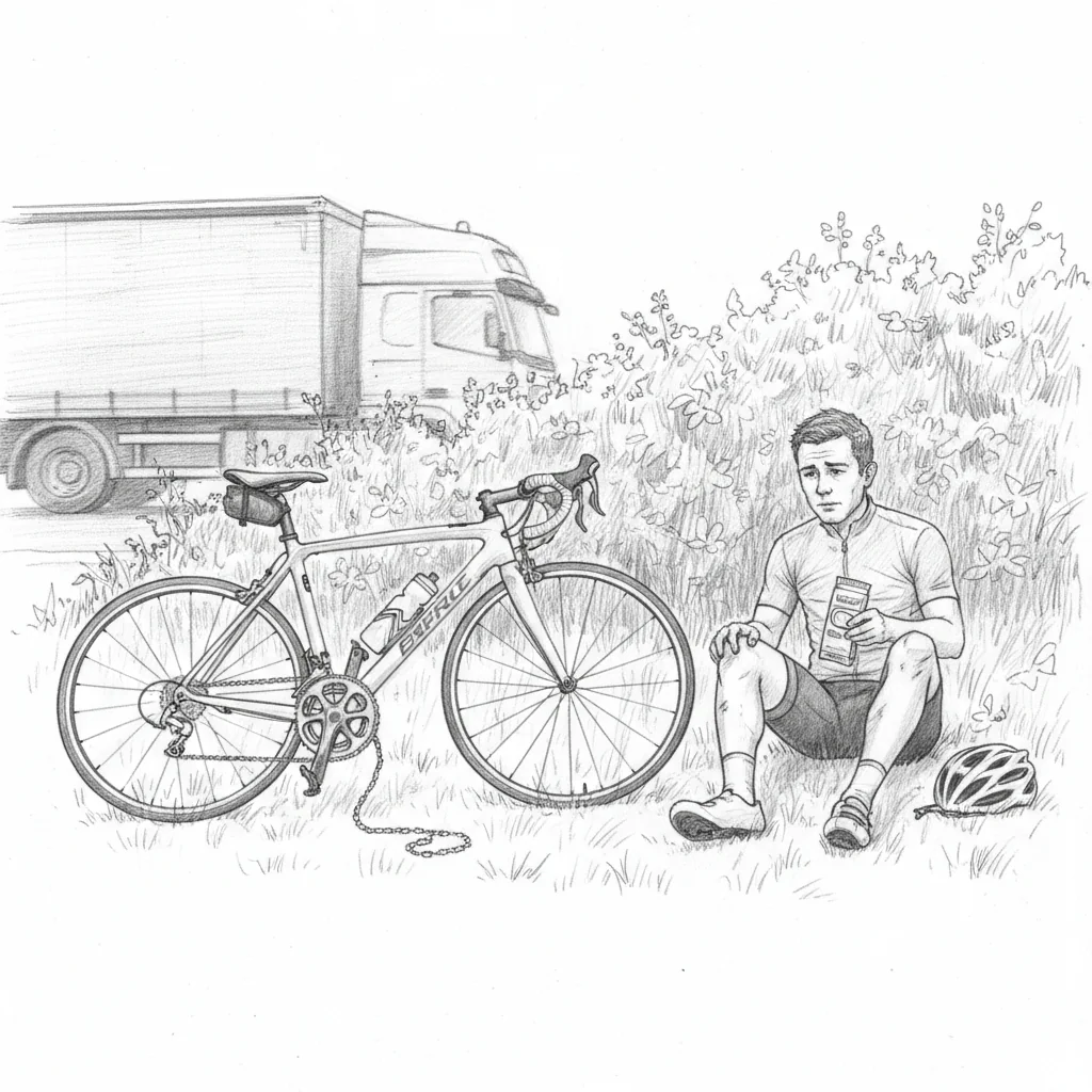Pencil sketch of a road bicycle on its side at the edge of a busy A-road, chain off, a knee graze, the cyclist sitting on the verge cleaning the wound