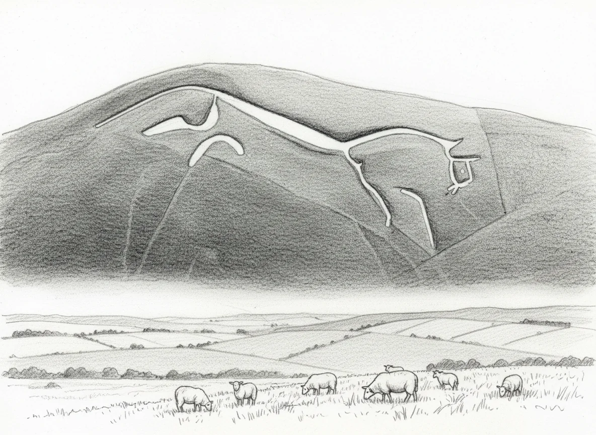 Pencil sketch of Dragon Hill, a flat-topped chalk knoll below the Uffington White Horse, with the stylised chalk-cut horse running across the slope of the hill above
