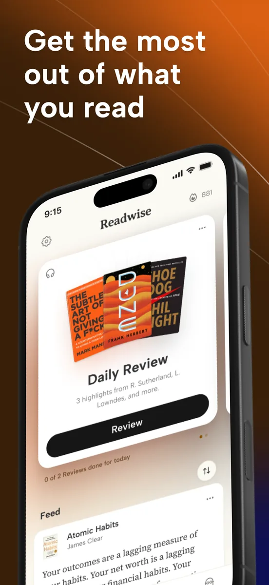 The Readwise mobile app showing the Daily Review card: three highlights ready to review