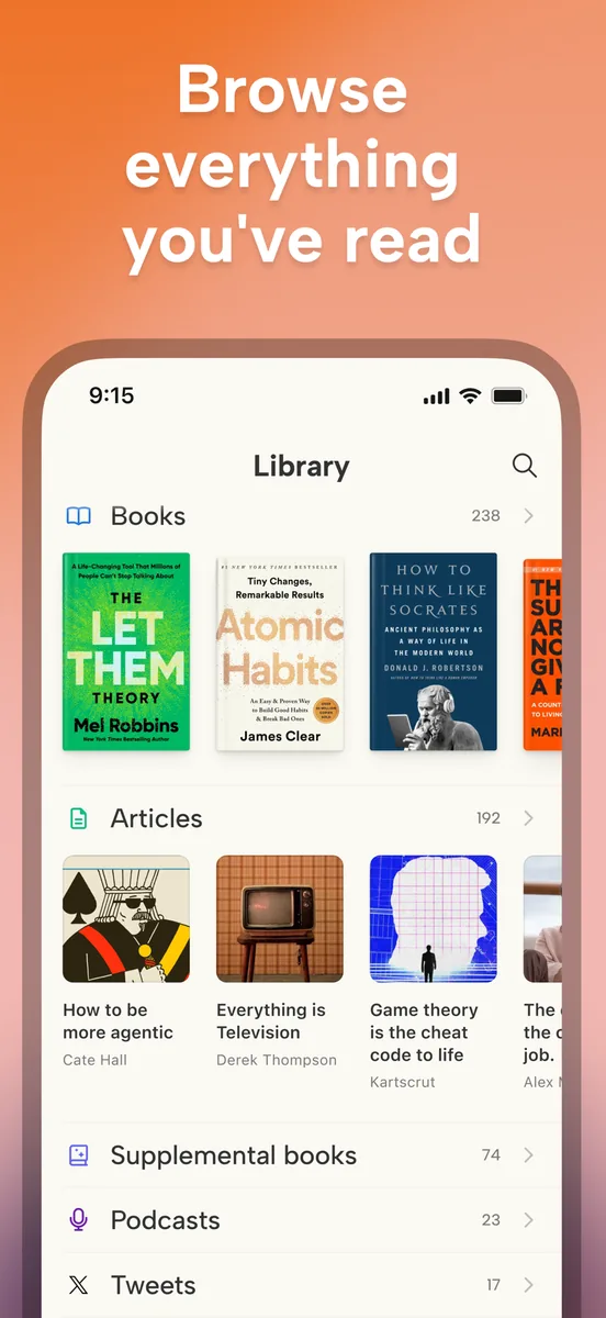 The Readwise library showing books, articles, supplemental books, podcasts and tweets