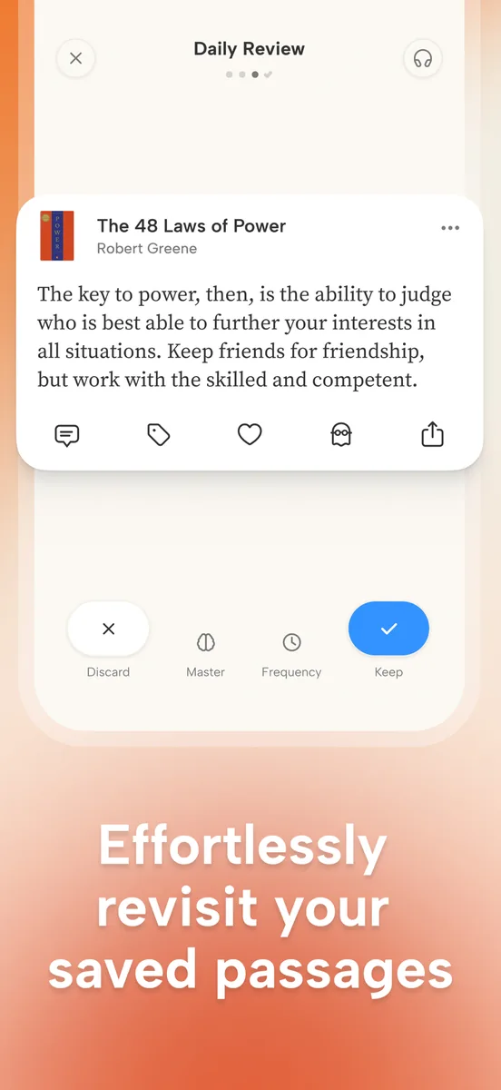Reviewing a single highlight in the Readwise app, with options to discard, master, change frequency or keep